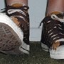 Double Upper High Top Chucks  Wearing chocolate and sienna double upper high tops, front view.