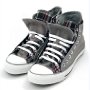 Double Upper High Top Chucks  Grey and plaid double upper high top chucks, angled side view.