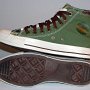 Double Upper High Top Chucks  Inside patch and sole views of olive, brown, and camouflage double upper high tops.
