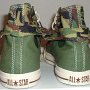 Double Upper High Top Chucks  Rear view of olive, brown, and camouflage double upper high tops, with the outer upper rolled down.