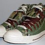 Double Upper High Top Chucks  Angled side view of olive, brown, and camouflage double upper high tops, with the outer upper rolled down.