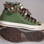 Double Upper High Top Chucks  Inside patch and sole views of olive, brown, and camouflage double upper high tops, with the outer uppers rolled down.