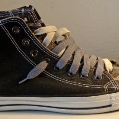 Black/Grey/Plaid Double Upper High Top Chucks  Outside view of the right high top.