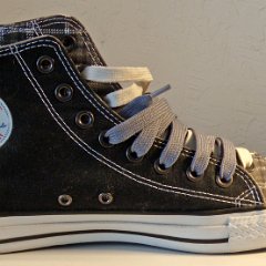 Black/Grey/Plaid Double Upper High Top Chucks  Inside patch view of the left high top.
