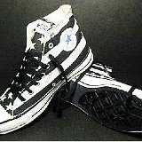 Flag Pattern Chucks  Black and white stars and bars high tops, right inside patch and sole views.