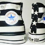 Flag Pattern Chucks  Black and white stars and bars high tops, rear and inside patch views.