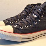 Flag Pattern Chucks  Angled side view of blue flag Americana high top chucks.