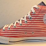 Flag Pattern Chucks  Inside patch view of a right red and white striped Americana high top chuck.