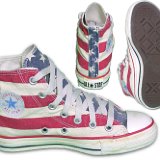 Flag Pattern Chucks  Left "rummage" stars and bars high top, shown in an inside patch view, a rear view, and a sole view.