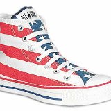 Flag Pattern Chucks  Right stars and bars high top, angled outside view.