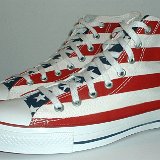 Flag Pattern Chucks  Angled side view of stars and bars high tops.