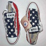 Flag Pattern Chucks  Stars and bars low cut, top view out of the box.