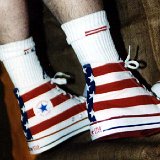 Flag Pattern Chucks  Wearing stars and bars high tops, back and side view.