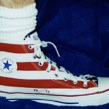 Flag Pattern Chucks  Wearing stars and bars high tops, showing the left inside patch.