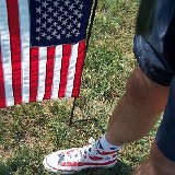 Flag Pattern Chucks  Wearing stars and bars high tops, top view.