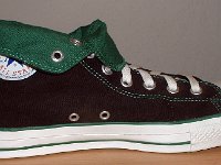 Foldover High Top Chucks  Left black and green foldover, inside patch view.