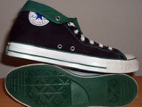 Foldover High Top Chucks  Black and green foldovers, inside patch and sole views.