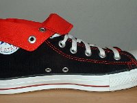 Foldover High Top Chucks  Left black and red foldover, inside patch view.