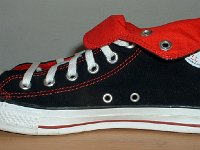 Foldover High Top Chucks  Right black and red foldover, inside patch view.