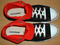 Foldover High Top Chucks  Black and red foldovers, top view.