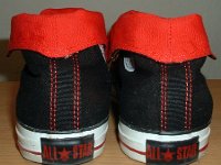 Foldover High Top Chucks  Black and red foldovers, rear view.