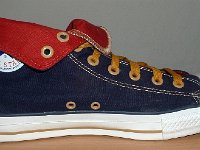 Foldover High Top Chucks  Left navy, red, and gold foldover, inside patch view.
