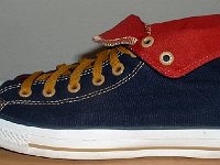 Foldover High Top Chucks  Left navy, red, and gold foldover, outside view.