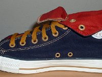 Foldover High Top Chucks  Left navy, red, and gold foldover, outside view.