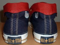 Foldover High Top Chucks  Navy, red, and gold foldovers, rear view.