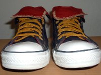 Foldover High Top Chucks  Navy, red, and gold foldovers, front view.