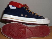 Foldover High Top Chucks  Navy, red, and gold foldovers, inside patch and sole views.