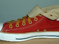 Foldover High Top Chucks  Right red and gold foldover, inside patch view.