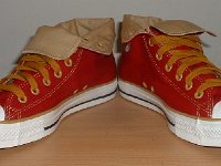 Foldover High Top Chucks  Red and gold foldover chucks, angled front view.
