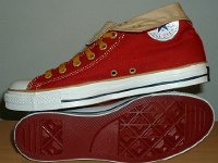 Foldover High Top Chucks  Red and gold foldover chucks with gold laces, inside patch and sole views.