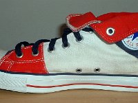 Foldover High Top Chucks  Right red, white, and blue foldover with navy laces, inside patch view.