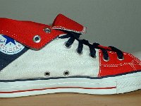Foldover High Top Chucks  Red, white, and blue foldover chucks with navy blue laces, angled front view.