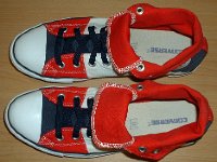 Foldover High Top Chucks  Red, white, and blue foldover chucks with navy blue laces, top view.