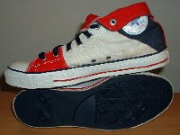 Foldover High Top Chucks  Red, white, and blue foldover chucks with navy blue laces, inside patch and sole views.