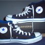Foldover High Top Chucks  Black and royal blue foldover high tops with box, inside patch views.