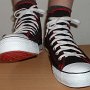 Foldover High Top Chucks  Wearing Black and Red Foldover High Tops, front view.