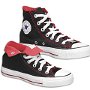 Foldover High Top Chucks  Black and red foldover high tops, angled side views showing the right shoe rolled down.