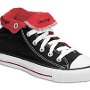 Foldover High Top Chucks  Right black and red "Chicago" foldover high top, in a rolled down, angled, outside view.