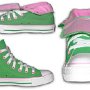 Foldover High Top Chucks  Green and pink foldover high tops, inside patch and rolled down side and front views.