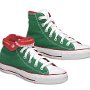 Foldover High Top Chucks  Green, red, and white "Cinco de Mayo" foldover high tops, angled outside views of the right shoe laced up and rolled down.