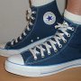 Foldover High Top Chucks  Wearing Navy and Light Blue Foldover High Tops, side view.