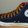 Foldover High Top Chucks  Right navy, red, and gold foldover high top with old gold laces, inside patch view.