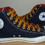 Foldover High Top Chucks  Navy, red, and gold foldover high tops with old gold laces, inside patch views.