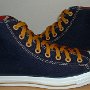 Foldover High Top Chucks  Navy, red, and gold foldover high tops with old gold laces, outside views.