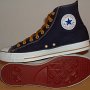 Foldover High Top Chucks  Navy, red, and gold foldover high tops, outer sole and inside patch views.