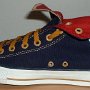 Foldover High Top Chucks  Right navy, red, and gold foldover high tops with old gold laces, rolled down inside patch view.